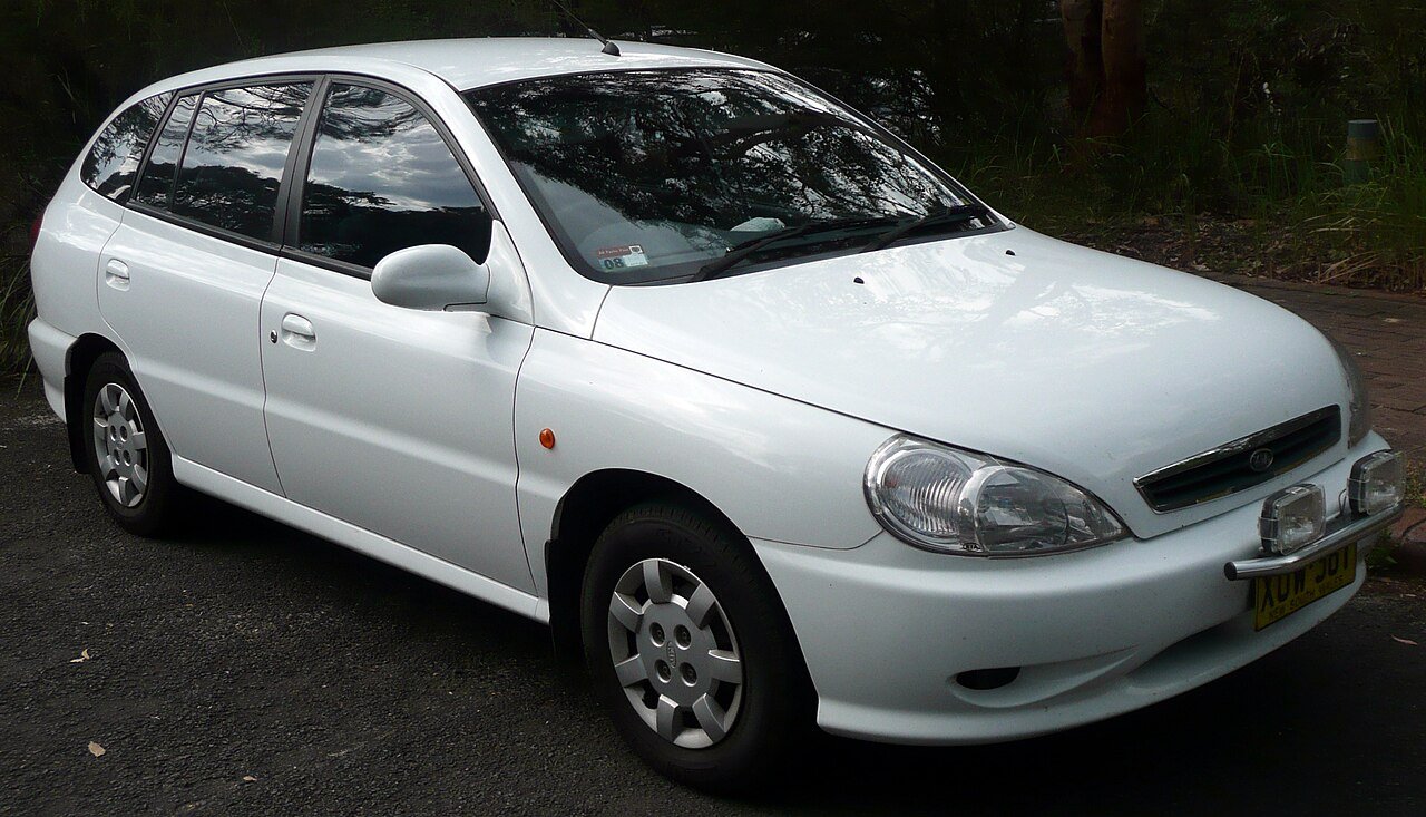 Λευκό Kia Rio hatchback σταθμευμένο σε εξωτερικό χώρο, με προβολείς ομίχλης.